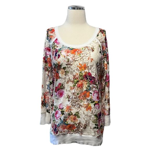 Charlotte Tarantola Floral Scoop Neck Drop Sleeve Sheer Sweater Size Large - Picture 1 of 8